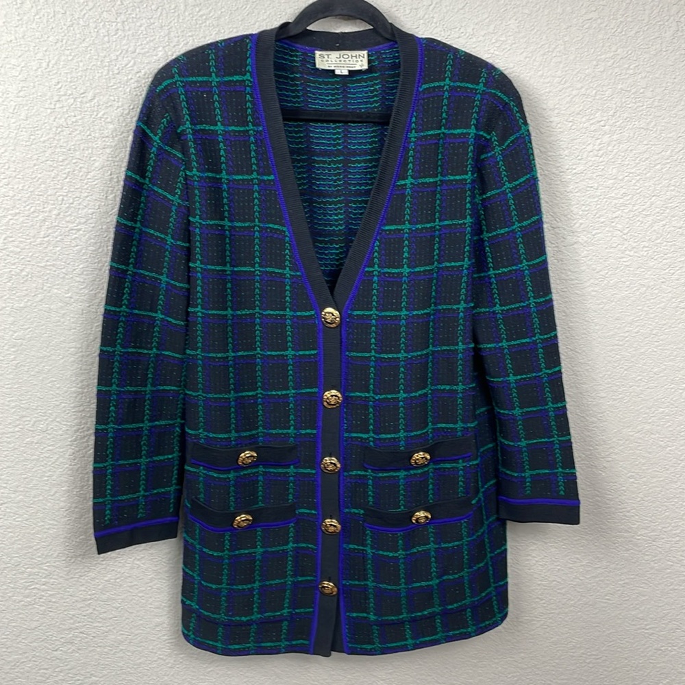 SOLD St John Signature Santana Knit Longline Cardigan Sweater Plaid Quiet Lux L - Picture 1 of 9